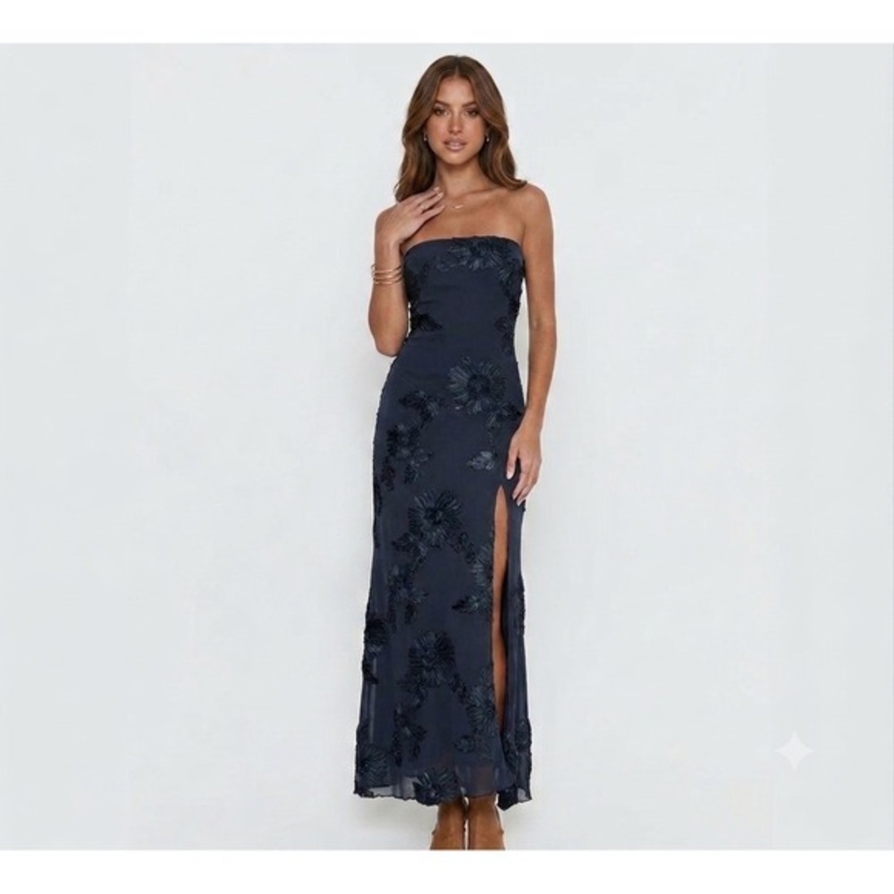 Princess Polly Navy Blue Maribeth Floral 3D Embroidery Strapless Maxi Dress 6